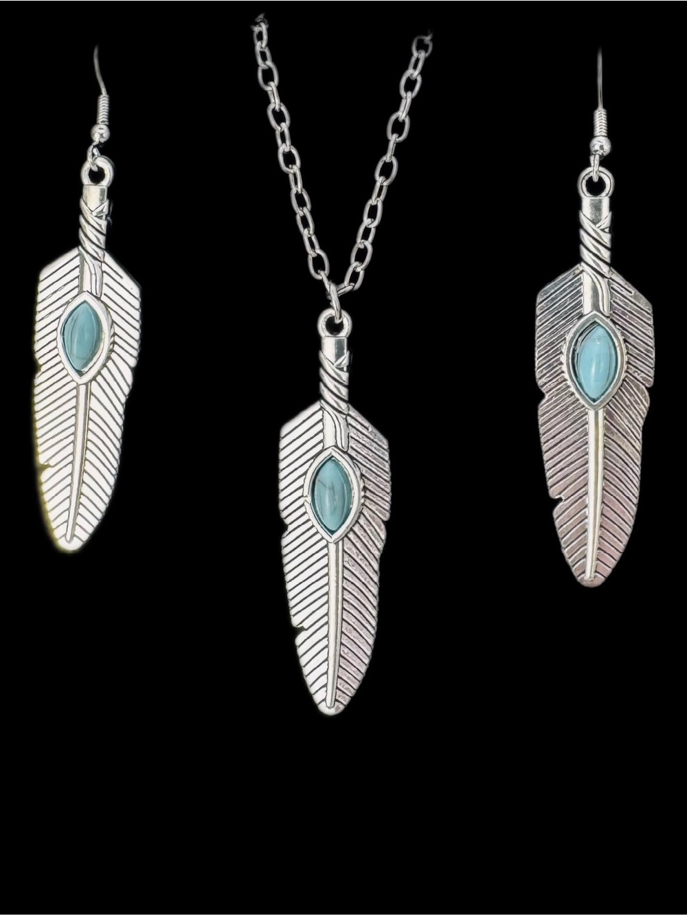 Silver Feather Necklace and Earrings Set with Light Blue Stone